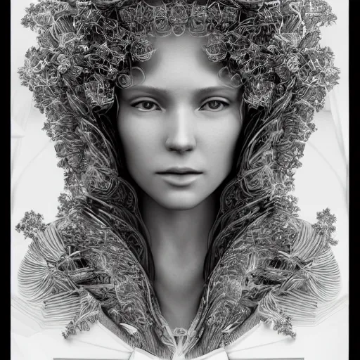 Prompt: hyper detailed bw linear pencil drawing, woman portrait, organic symmetric shapes by ernst haeckel, unreal engine