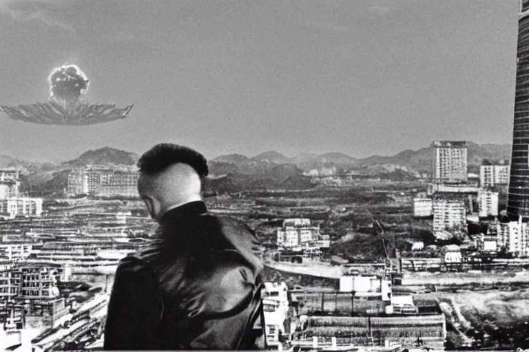 Prompt: a filmstill of Kim Jong-il looking at Starro Kaiju monster destroying Pyongyang, in Stalker (1979) by Andreï Tarkovski, traditional Korean city, palace, epic ultrawide shot, cinémascope