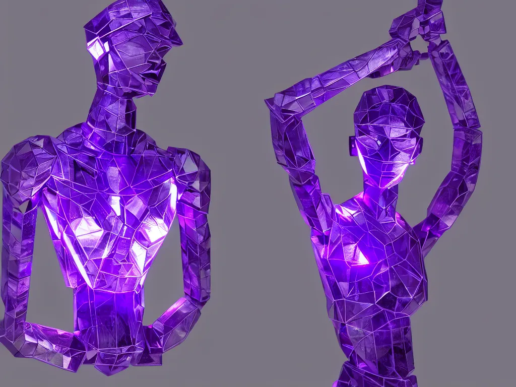 Image similar to beautiful mannequin sculpted out of amethyst by billelis + lit with purple 3 d geometric neon + chrome geometric cubed bonsai plants!!!!, doorway opening with neon pink geometric light, clean linework, dramatic, finely detailed, rule of thirds, moody, confident, award winning, 4 k, trending on artstation, photorealistic, volumetric lighting, octane render