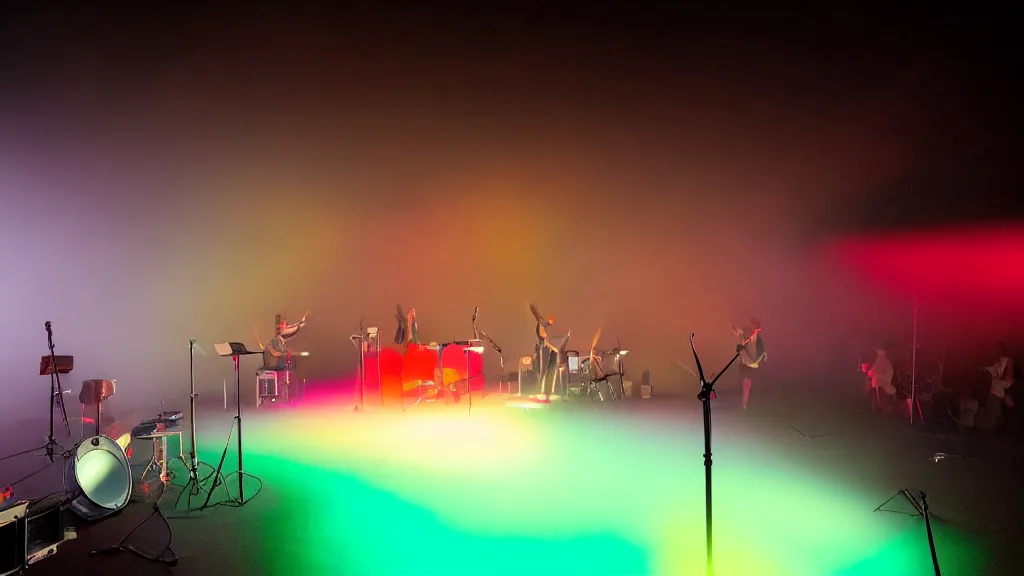 Image similar to a music stage with instruments, drums, colored spot lights cut through the fog by roder dean and greta socha and pablo dominguez.