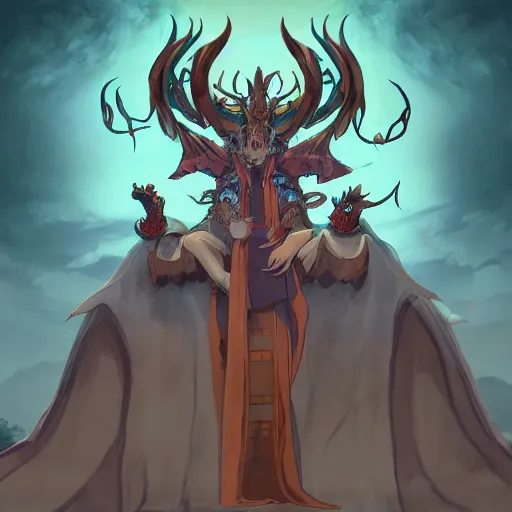 Image similar to concept art painting of an anthropomorphic dragon king with robes, a long dragon neck, and horned skull mask, sitting on a throne, anime style, cel shaded, in the style of makoto shinkai and james gurney and studio ghibli and moebius