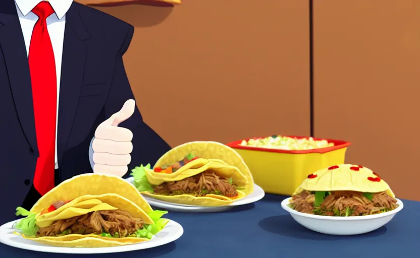 Image similar to beautiful makoto shinkai style digital film still portrait of donald trump giving a thumbs up behind a taco bowl, 4 k, 8 k, hd, high resolution, highly detailed, intricate detail, ultra realistic faces, digital art, trending on artstation, your name, weathering with you