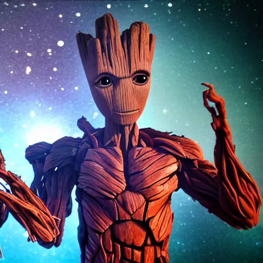 Image similar to groot and optimus prime dancing at techno party among people, wide shoot, after effect, ultra realistic 3 d