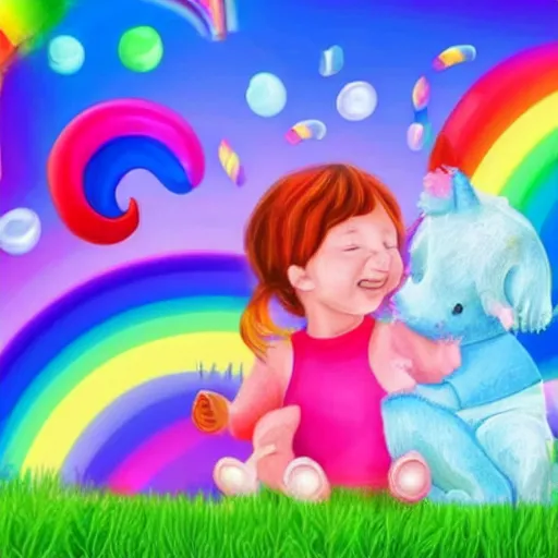 Prompt: sweet happy image for children, good dreams, smiles, candy, rainbows, unicorns