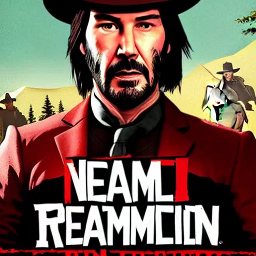 Prompt: Keanu Reeves as a Red Dead Redemption 2 character, dressed as a Western sheriff, game box art