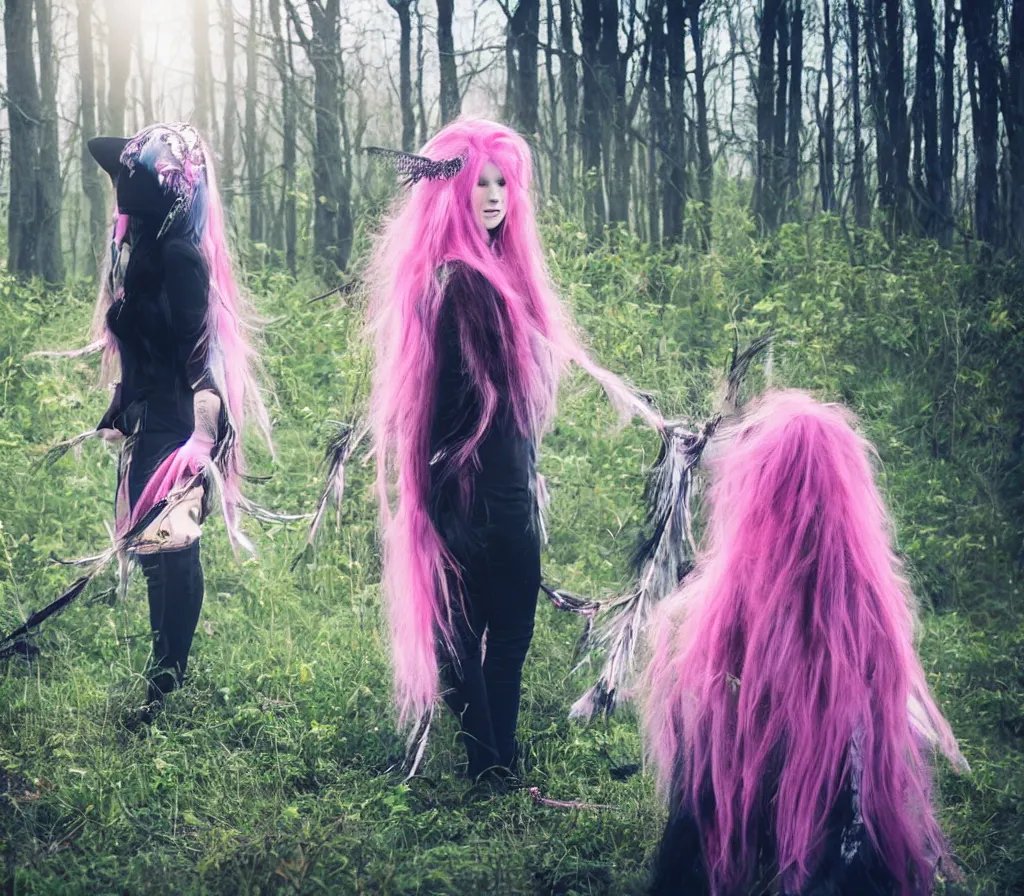 Image similar to realistic photo of a witch - like girl in a black cloack in jeans and with pastel pink hair and hazel eyes standing in woods full of sun beams holding a dreamcatcher and a tarot cards deck in a dreamy style, magical middleground with unicorns and a contemporary cityscape far on the background