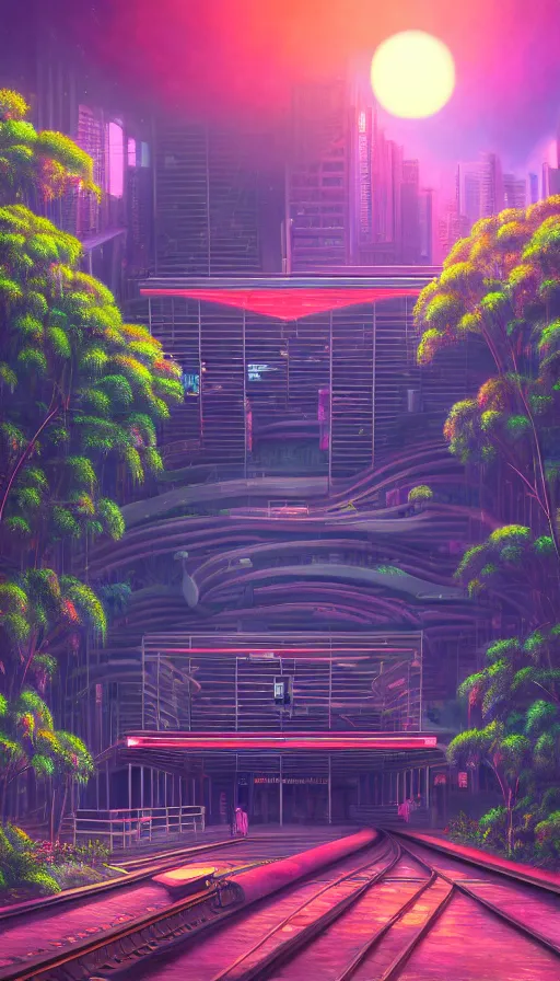 Image similar to a beautiful photorealistic painting of building metro station by john william casilear, gem retrowave meadow vaporwave bladerunner 2 0 4 9 sunset saturn junglepunk reclaimed by nature rainforest landscape poppy darkacademia synthwave, archdaily, wallpaper, highly detailed, trending on artstation.