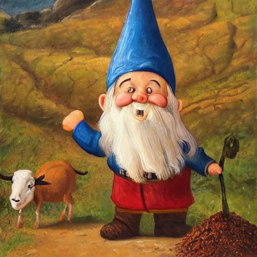 Image similar to a gnome having delight with goat manure, a detailed oil painting