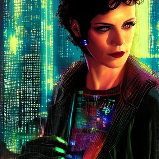 Image similar to Molly from the novel Neuromancer, beautiful woman, augmented eye implants, portrait shot, wires, cyberpunk, dramatic light, cyberpunk city in the background, movie illustration, poster art by Drew Struzan