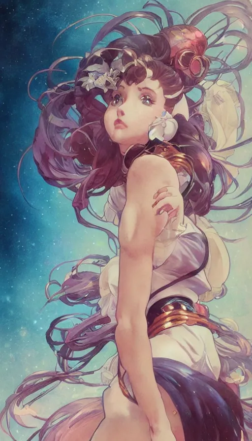 Image similar to sailor moon in a cute pinup pose by artgerm, greg rutkowski and alphonse mucha, concept art, matte, intricate, full body, epic composition