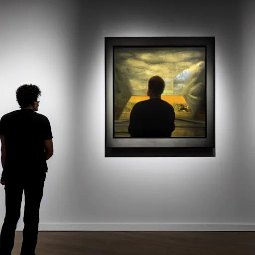 Image similar to A man staring at a painting of himself staring back. Modern art gallery. Wide angle. Photorealistic. Dramatic lighting. Award winning photography. 35mm photograph.