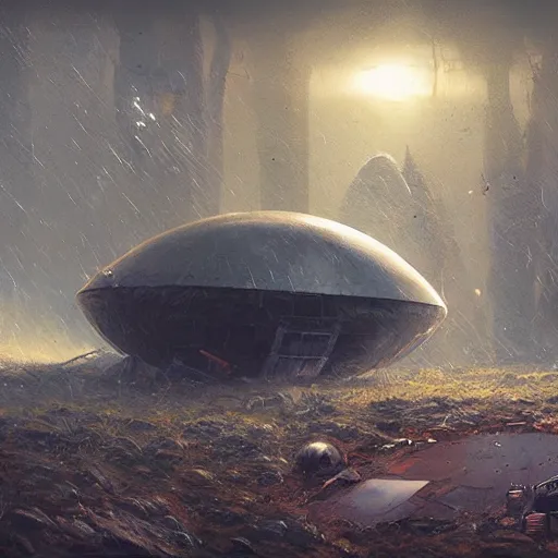 Image similar to crashed ufo in to the ground, concept art, art station landscape, greg rutkowski, cinematic lighting hyper realistic painting, dark atmosphere