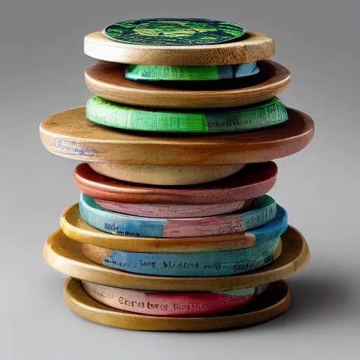 Image similar to a stack of turtles, turtles stacked beneath a round disc with a map of earth, side view