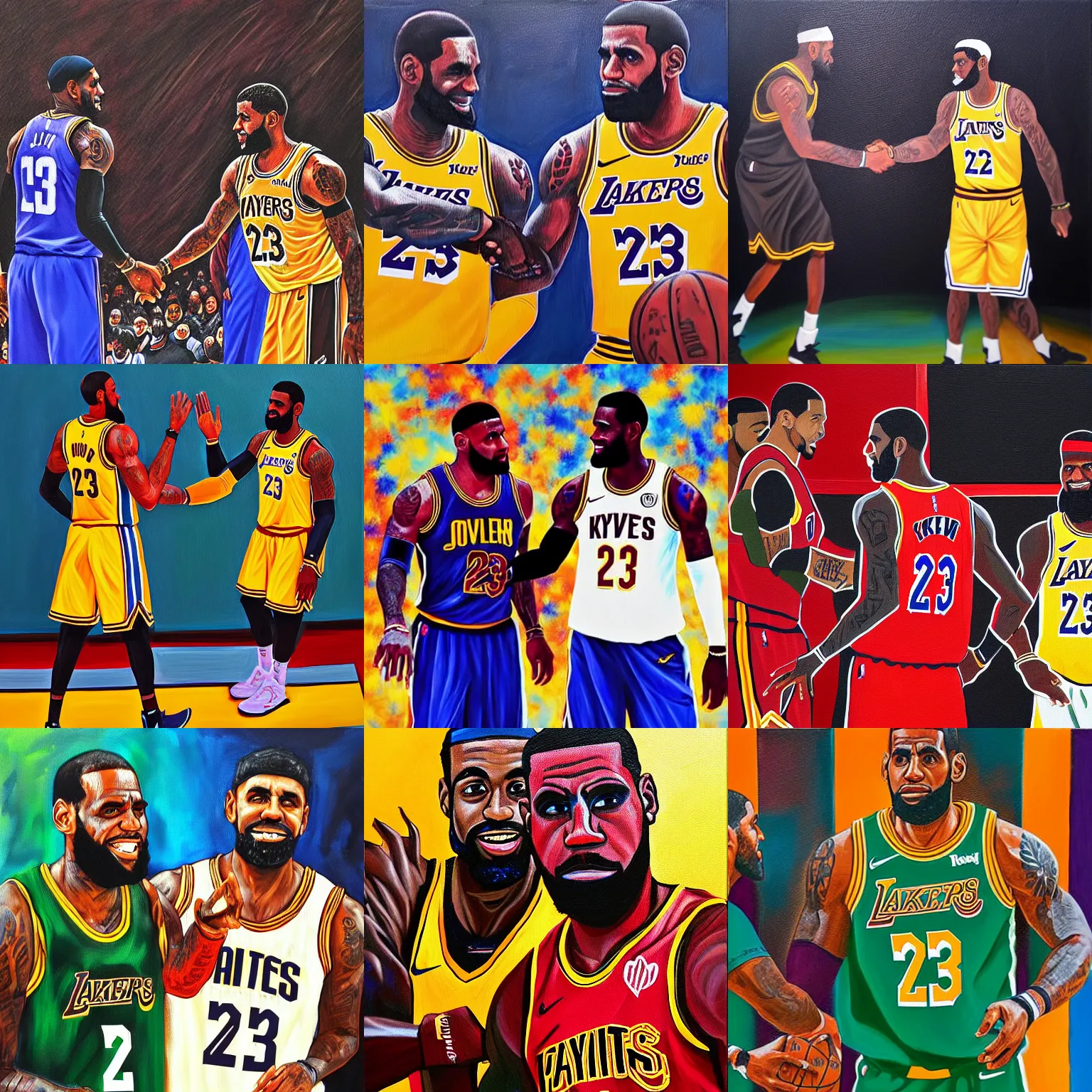 Prompt: lebron james, kyrie irving, shaking hands, oil on canvas painting, intense, anime