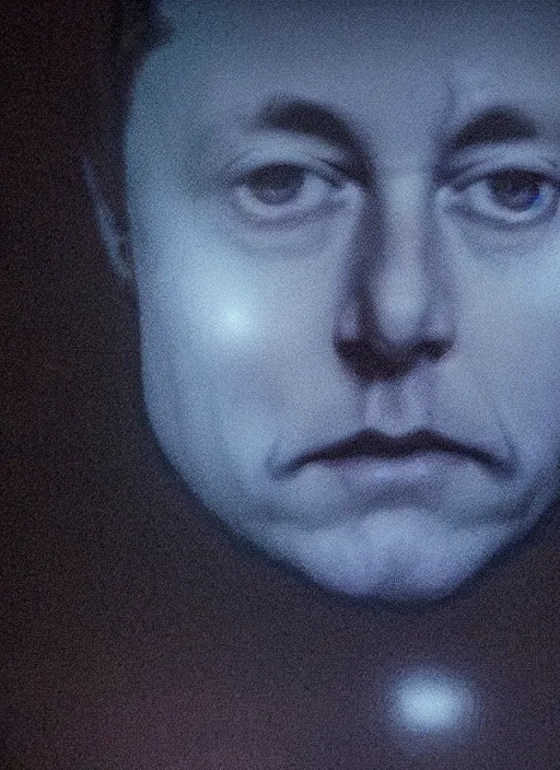 Image similar to dark photo of dark blue rainy bedroom window at night, dimly lit creepy face of elon musk staring in through the window, horror, scary face,