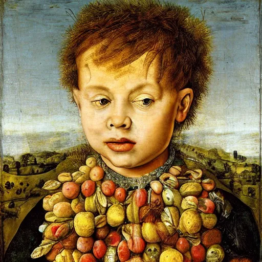 Image similar to a boy and his kite, by giuseppe arcimboldo, renaissance, portrait, fruit, detailed oil paint, high definition