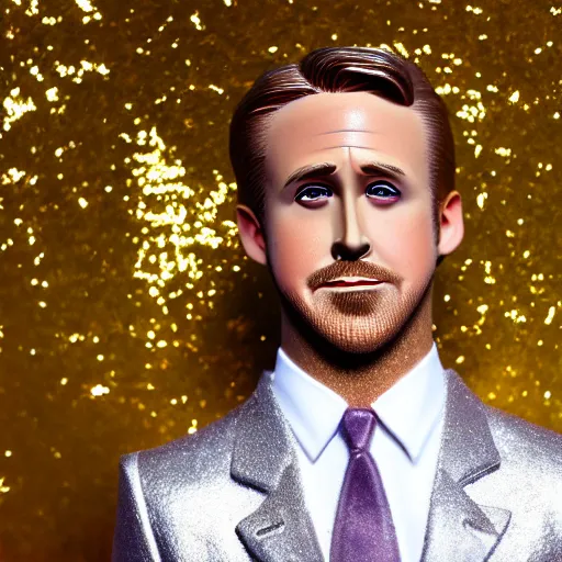 Image similar to Ryan Gosling with silver-violet hair, white eyes inflated press and golden glittery dress, wide lens, diorama, 4k,