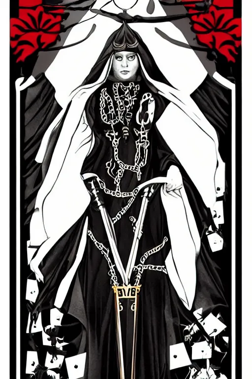 Prompt: high priestess tarot card, major arcana, gothic, high contrast, by harry clark artstation