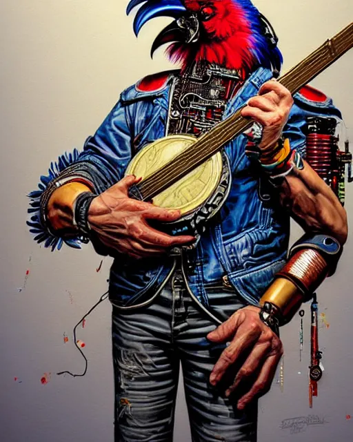 Image similar to a portrait of an anthropomorphic cyberpunk rooster shredding a banjo by sandra chevrier, by jon foster, detailed render, tape deck, epic composition, cybernetics, 4 k realistic, cryengine, realistic shaded lighting, sharp focus, masterpiece, by enki bilal