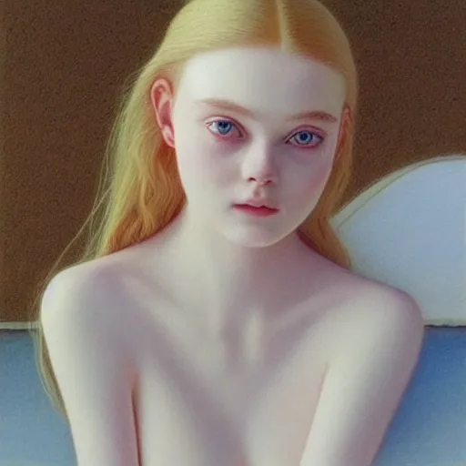 Prompt: Painting of Elle Fanning dreaming, long blonde hair, delicate, pale milky white porcelain skin, by Jean Giraud Moebius. 8K. Extremely detailed.