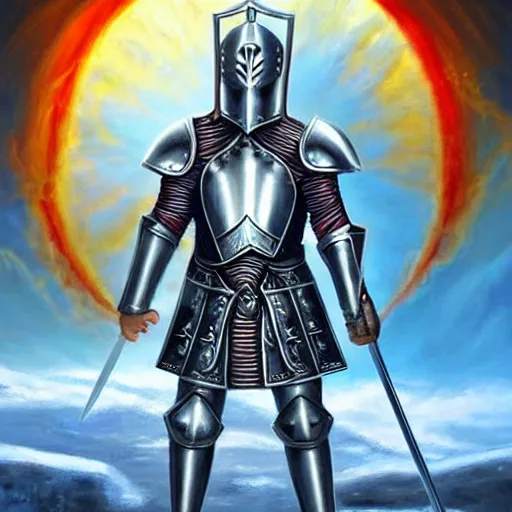 Prompt: paladin wearing silver amour with mirror finish, wielding a longsword that gleams like the sun. he is wearing a teutonic helmet, inside his eyes glow like the sun. background of snowy mountains. fantasy painting.