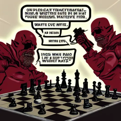 Image similar to the doom slayer trying to defeat walter white at chess