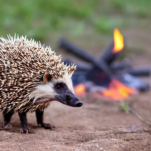 Prompt: angry african hedgehog in a burlap bag, hissing, hyper realistic, photography, campfire in background