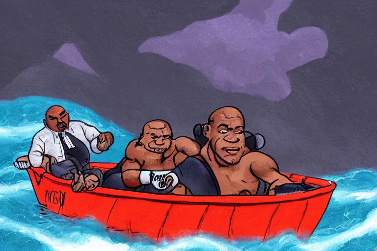 Image similar to Mike Tyson And Rocky are sitting in a boat on rough seas, stormy weather, award winning illustration, trending on artstation