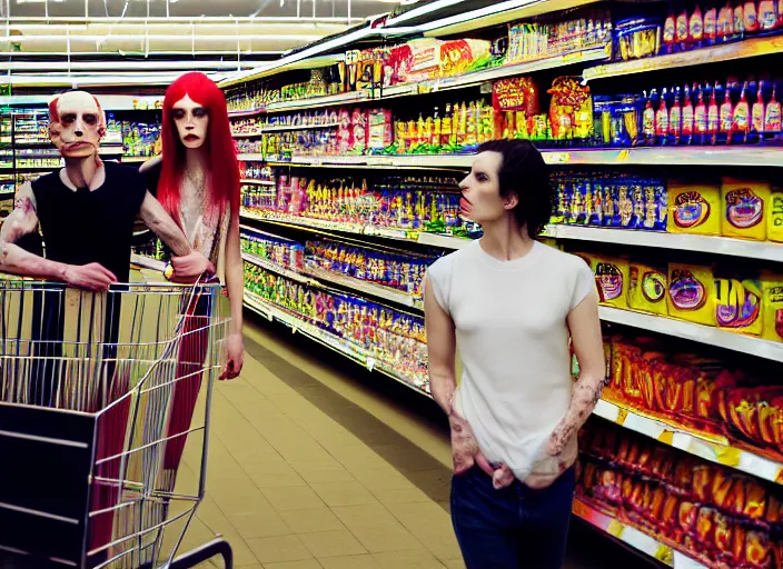 Image similar to 28mm photo of a woman and man in supermarket, in the style of David cronenberg ,scary, weird, high fashion, ID magazine, vogue magazine, homes and garden magazine, surprising, freaky, freak show, realistic, sharp focus, 8k high definition, medium format film photography, photo realistic, insanely detailed, intricate, elegant, art by yoshitaka amano and David kostic and stanley lau and artgerm