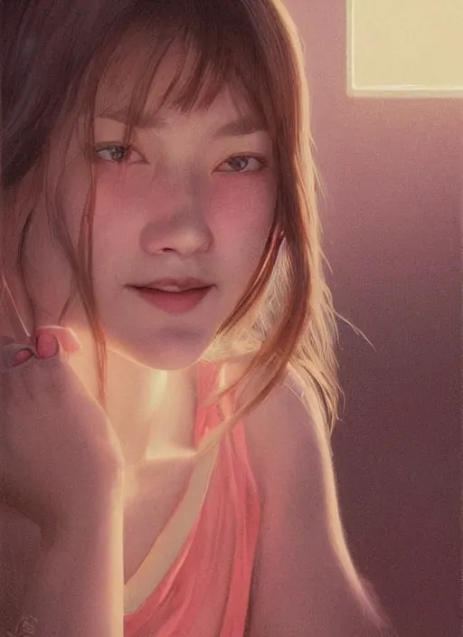 Prompt: epic portrait of a girl deemed beautiful by western standard unnaturally wide smile, horror smile, soft edges, dewy skin, painting, warm lighting, greg rutkowski, by kawase hasui, moebius and edward hopper, vivid bright light, colorful flat surreal design, hd, 4 k, artstation