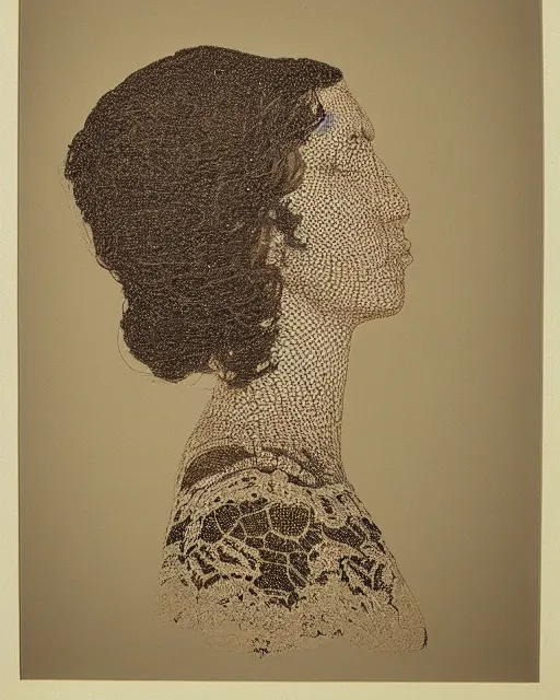 Image similar to a woman's face in profile, made of intricate decorative lace leaf, in the style of the dutch masters and gregory crewdson, dark and moody