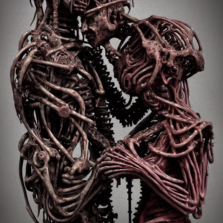 Prompt: dark biomechanical ribbed religious sculpture statue of two cyborgs in love made of rotten flesh meat, suffering, pastel colorful mold, baroque painting, beautiful detailed intricate insanely detailed octane render, organic 8K artistic photography, photorealistic, chiaroscuro, Raphael, Caravaggio, Giger, Beksinski, black background