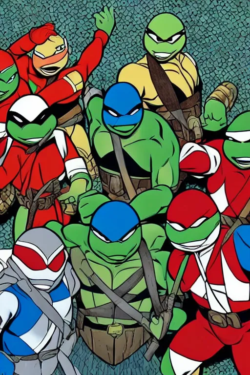 Image similar to the teenage mutant ninja turtles as power rangers, mosaic