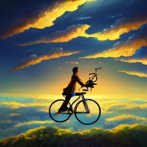 Prompt: A whimsical painting of a happy man flying in the sky on his bicycle in the clouds, beautiful flowing feeling, sunset, dramatic angle, realistic and detailed, by studio trigger, by Makoto Shinkai rossdraws and Wojtek Fus