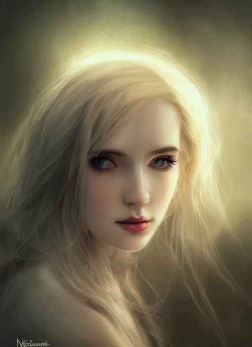 Prompt: of dark fantasy, young beautiful Amouranth, close up face portrait, medium shot, intricate, elegant, ethereal dreamy light, highly detailed, concept art, smooth, sharp focus, illustration, art by Nicola Samuri