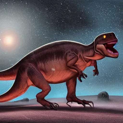 Prompt: a hyper realistic digital painting of a dinosaur in an space