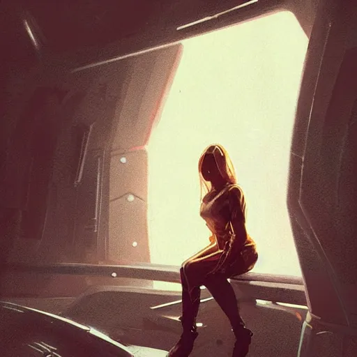 Prompt: scifi art by greg rutkowski, a very tall and slender woman with blond hair, sitting with the crew on the spaceship's bridge, dark lighting atmosphere, detailed portraits, nostalgic atmosphere, scifi, digital painting, artstation, concept art, smooth, sharp foccus ilustration, artstation hq