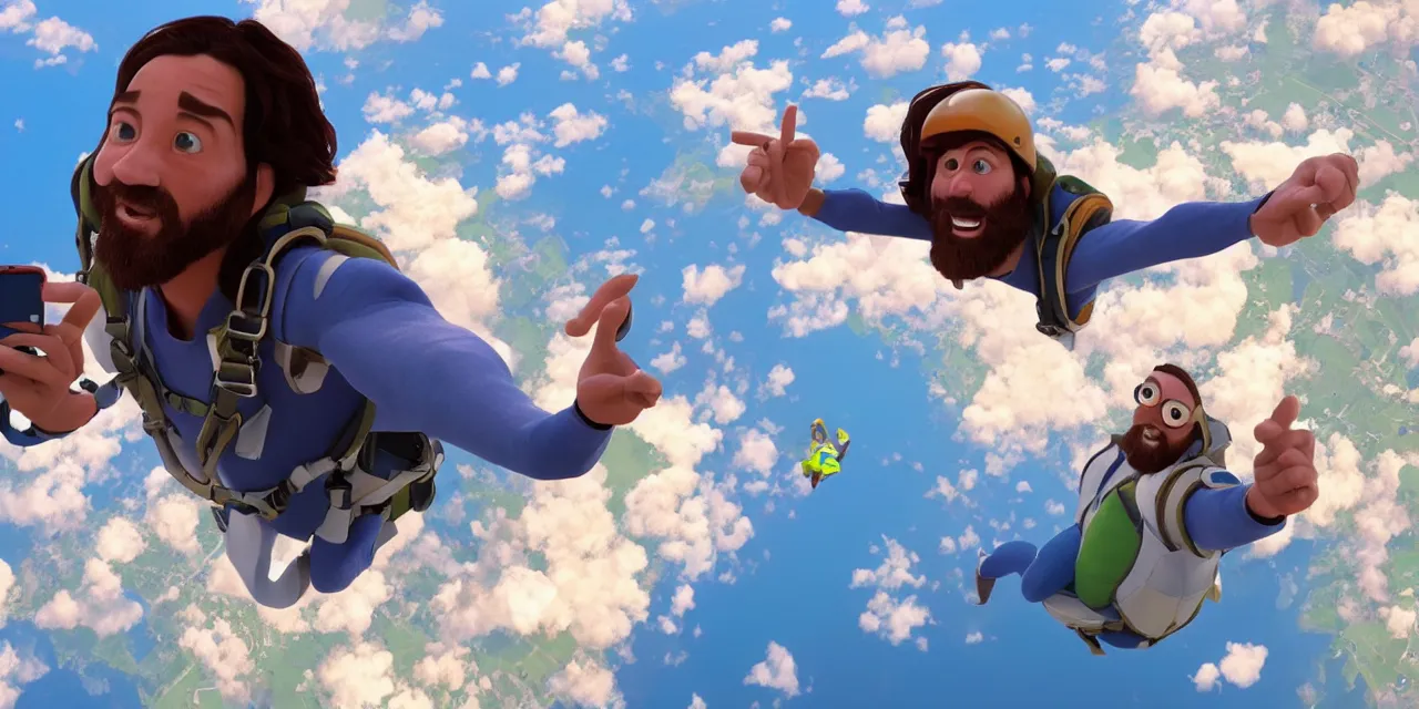 Image similar to Jesus taking a selfie while skydiving, pixar artstyle, hyperdetailed, artstation, accurate, octane render, 8k