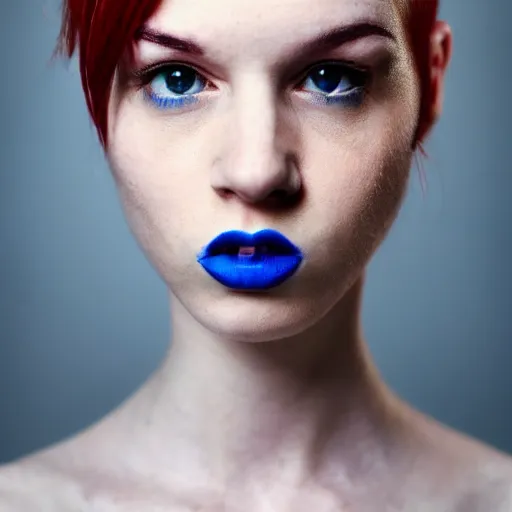 Image similar to photograph, closeup portrait of a young pale woman with short red hair in a dark room, blue eyes, wearing a black tshirt, flash photography, indoor setting, high contrast, sharp, photographed by terry richardson, trending on tumblr,