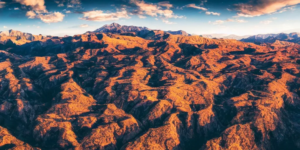 Image similar to drone shot photo of a landscape with mountains an canyons, wallpaper, very very wide shot, warm, national geographic, award landscape photography, professional landscape photography, sunny, day time, beautiful