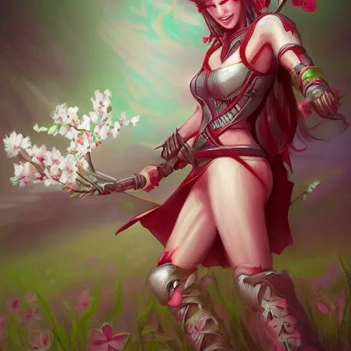 Image similar to - H 768 a zigmerian warrior in a cherry blossom field, Artgerm, artstation, digital art, sharp focus, high fantasy, illustration, D&D, pale colors