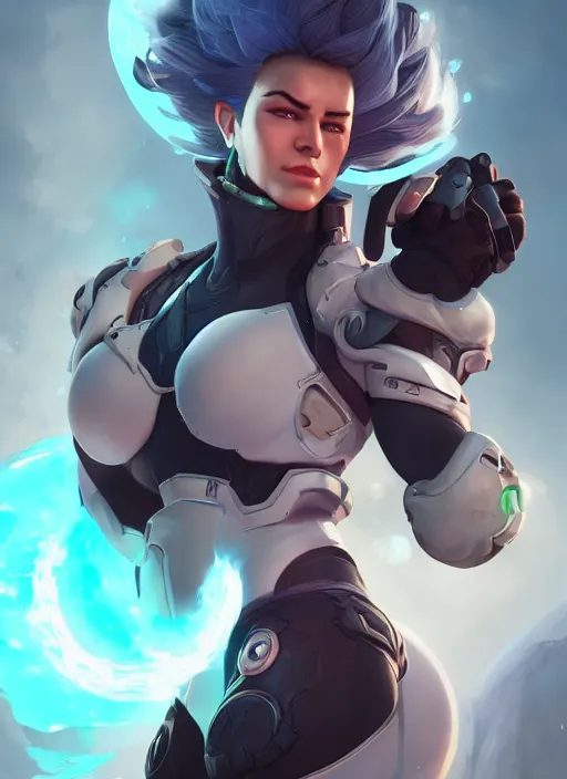 Prompt: character portrait of a fusion of Zarya from Overwatch and Zenyatta from Overwatch by ArtGerm and Tom Bagshaw, 4k, highly detailed, cinematic lighting, characters merged