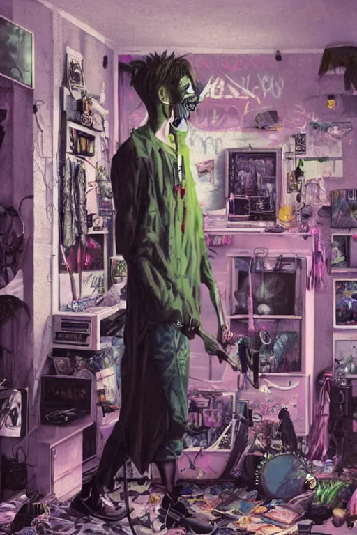 Image similar to a skinny goth guy standing in a cluttered 9 0 s bedroom, full body character concept art, vaporwave colors, andrew ferez art,