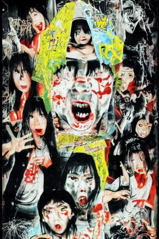 Image similar to graffiti japanese horror vhs cover art, detailed facial expressions