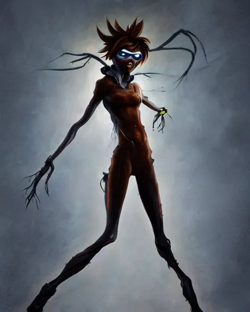 Image similar to dark full body painting of tracer from overwatch, in style of zdzisław beksinski, scary, horror, 4 k, feminine facial features, overwatch tracer character, horror, body horror, disturbing, detailed face, dressed in dark garment, black tendrils, tall, long legs,