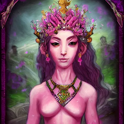 Prompt: pink lotus flower warrior queen wearing pink floral lotus crown, hearthstone art style, epic fantasy style art, fantasy epic digital art, epic fantasy card game art