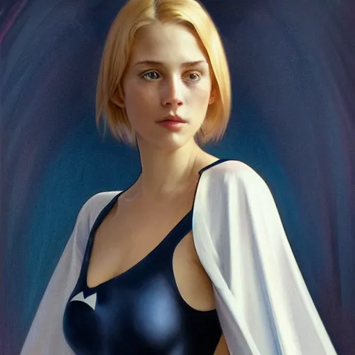 Prompt: a beautiful portrait of a beautiful cute young superhero woman, shoulder - length blonde hair, tight solid matte navy blue lycra bodysuit, white cape, intricate, elegant, 8 k, highly detailed, digital painting, concept art, smooth, sharp focus, illustration, by artgerm greg rutkowski alphonse mucha loish wlop