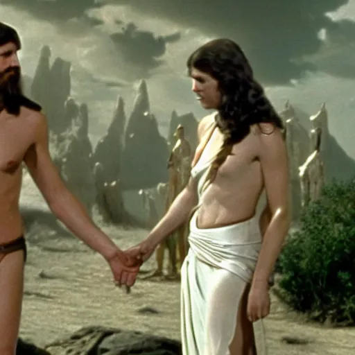 Image similar to a film still of adam andeve ( from the bible ) in star wars 1 9 7 7, realistic, photorealistic, detailed,