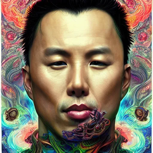 Image similar to portrait of donnie yen, hyper detailed masterpiece, neon floral pattern, jean giraud, digital art painting, darkwave goth aesthetic, psychedelic, artgerm, donato giancola and tom bagshaw