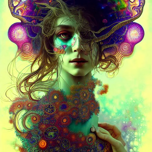 Image similar to An extremely psychedelic experience, reality bending, colorful, surreal, magic mushrooms, psilocybin, LSD, face, detailed, intricate, elegant, highly detailed, digital painting, artstation, concept art, smooth, sharp focus, illustration, art by Krenz Cushart and Artem Demura and alphonse mucha